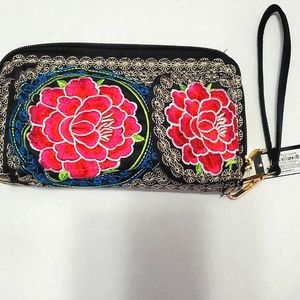 Boho Black Colorful Floral Embroidered Multi-section Wristlet